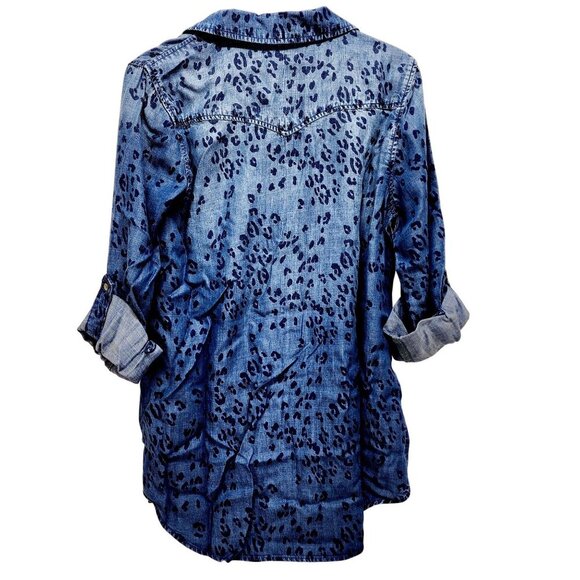 Side Stitch woman Blue Leopard Print Lyocell long Sleeve Shirt Size XS - Picture 2 of 13